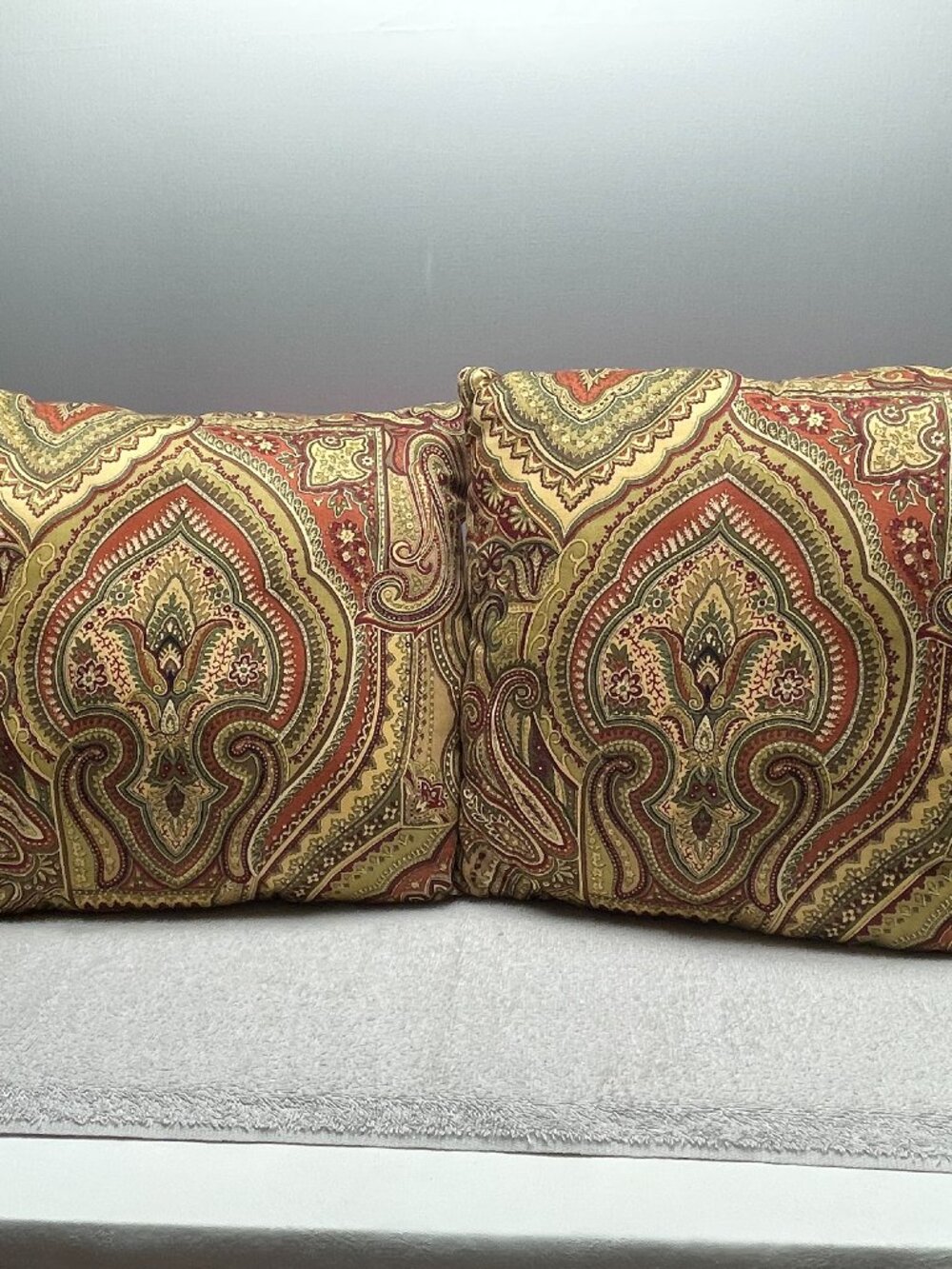 VGUC Ethan Allen Custom Paisley Throw Pillows, Burgundy & Olive, 16" Square (2)